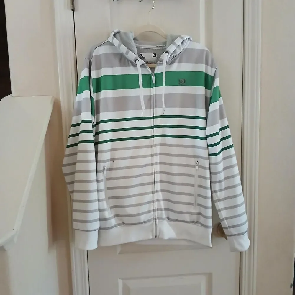Y2K Vintage DC Shoes Full Zip Sherpa Lined White/Green/Gray Striped Hoodie M